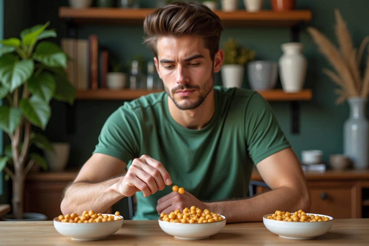 Jeune homme en t-shirt vert compare pois chiches