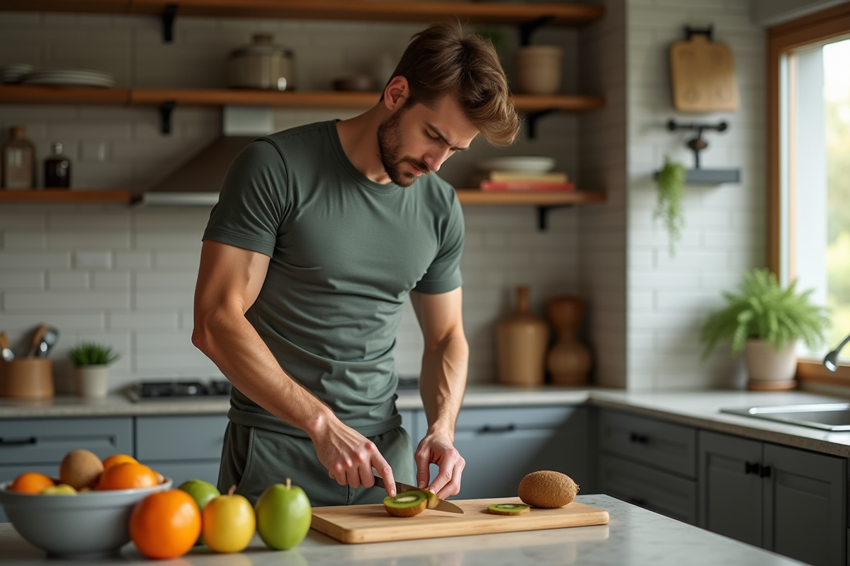 Jeune homme tranchant un kiwi dans une cuisine chaleureuse