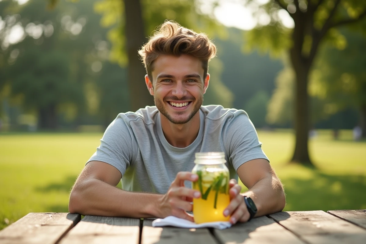 Jeune homme dégustant une eau aux fruits en plein air