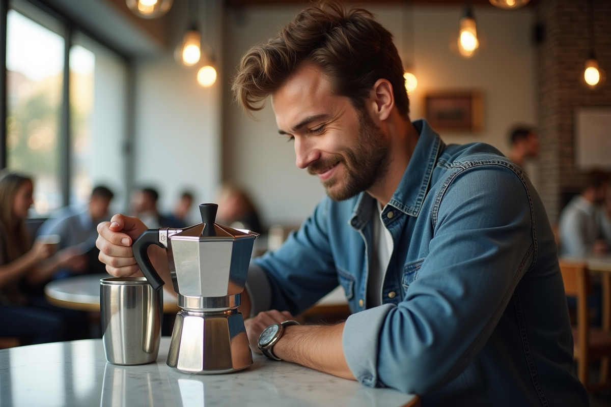 Jeune homme prepaant un espresso dans un cafe