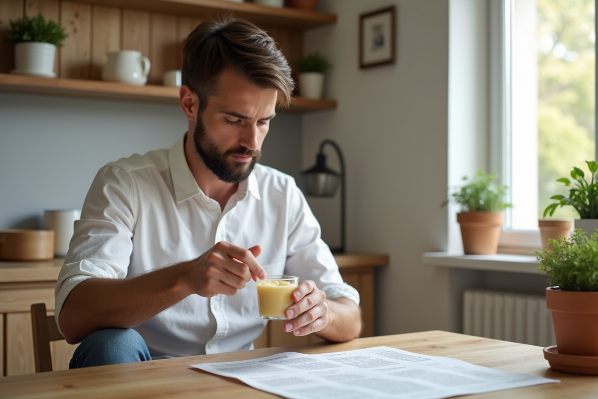 Jeune homme lit instructions pour mashed potatoes