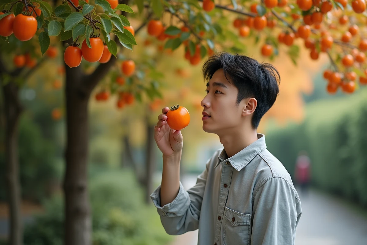 Jeune homme sous un kaki dans un jardin automnal