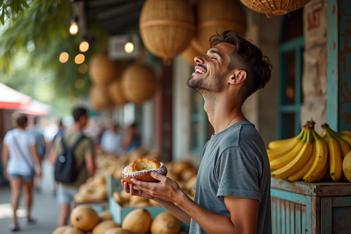 Jeune homme dégustant un beignet au marché tropical