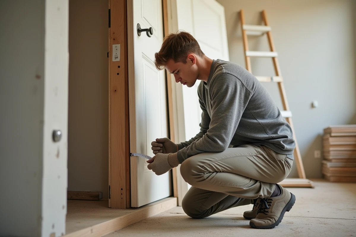 Jeune homme mesure une porte de cuisine en rénovation