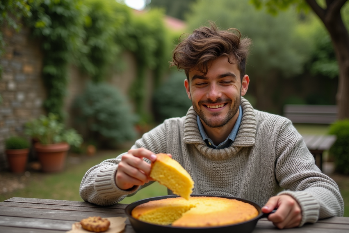 Jeune homme dégustant du pain de maïs en plein air