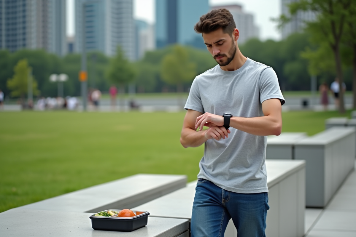 Jeune homme regardant sa montre dans un parc urbain