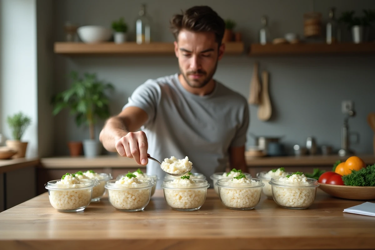 Jeune homme répartissant du riz cuit dans des contenants