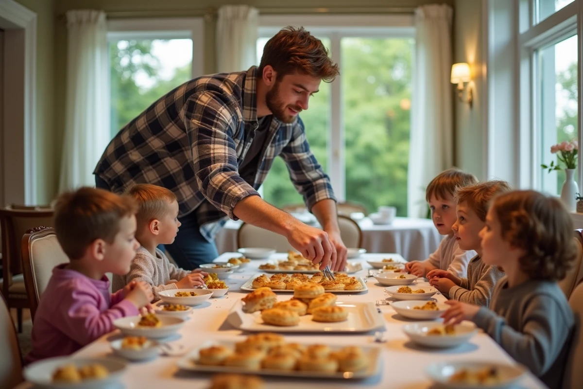 Jeune homme garnissant des bouchées à la reine devant enfants