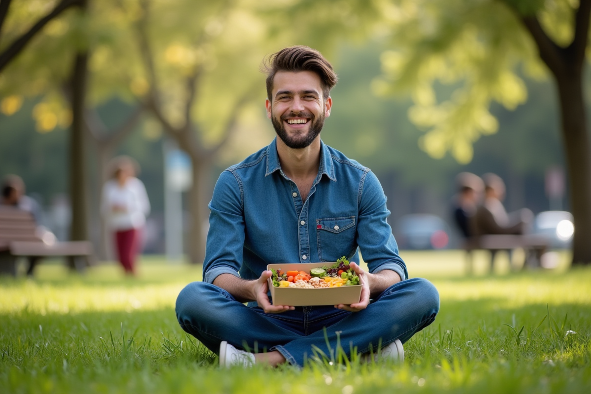 Jeune homme dans un parc urbain avec boîte repas saine