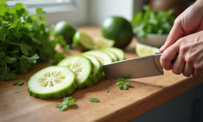 Jicama finement tranché sur un plan de travail moderne avec herbes et citron