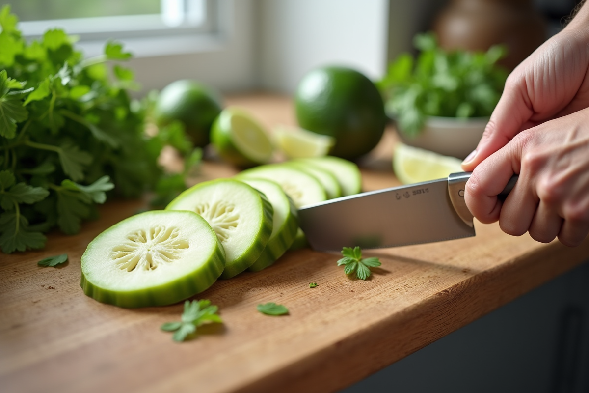 Jicama finement tranché sur un plan de travail moderne avec herbes et citron