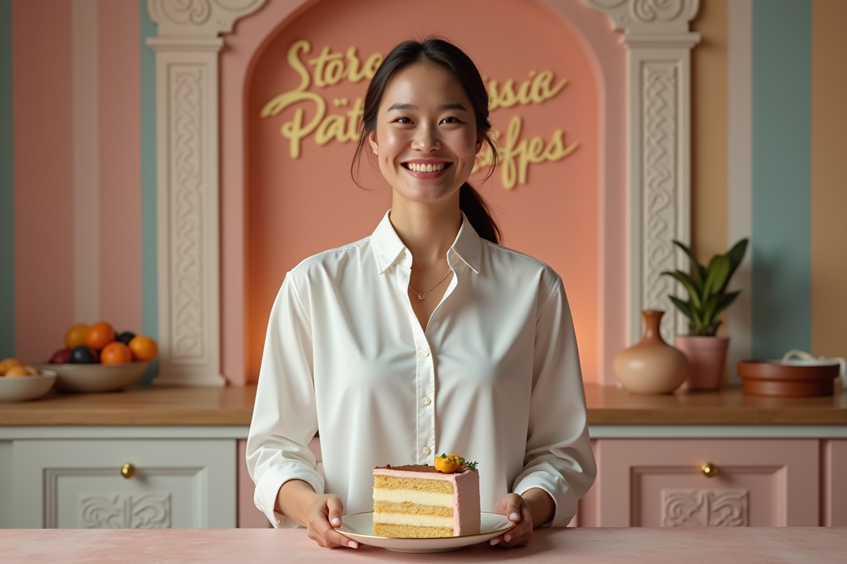 Juge pâtissière souriante avec une part de gâteau