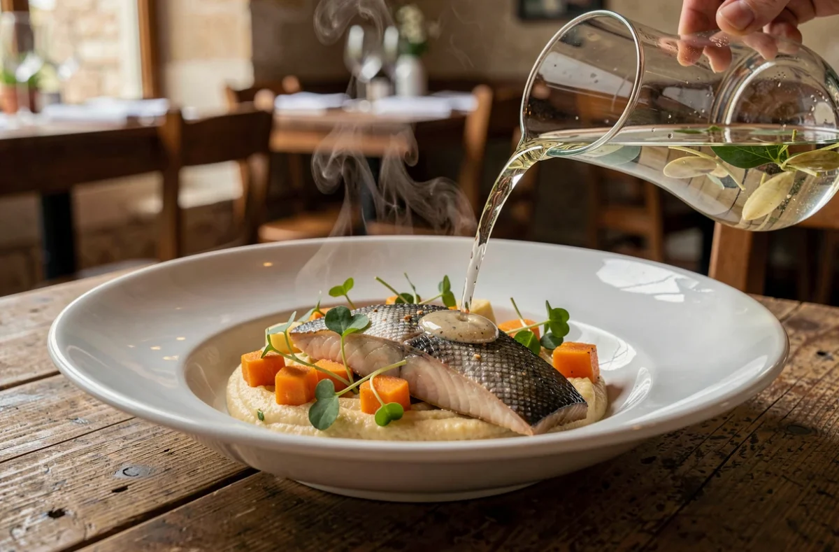 Plat de poisson de la Loire au restaurant La Promenade au Petit-Pressigny, bouillon versé en salle sur fond de salle campagnarde