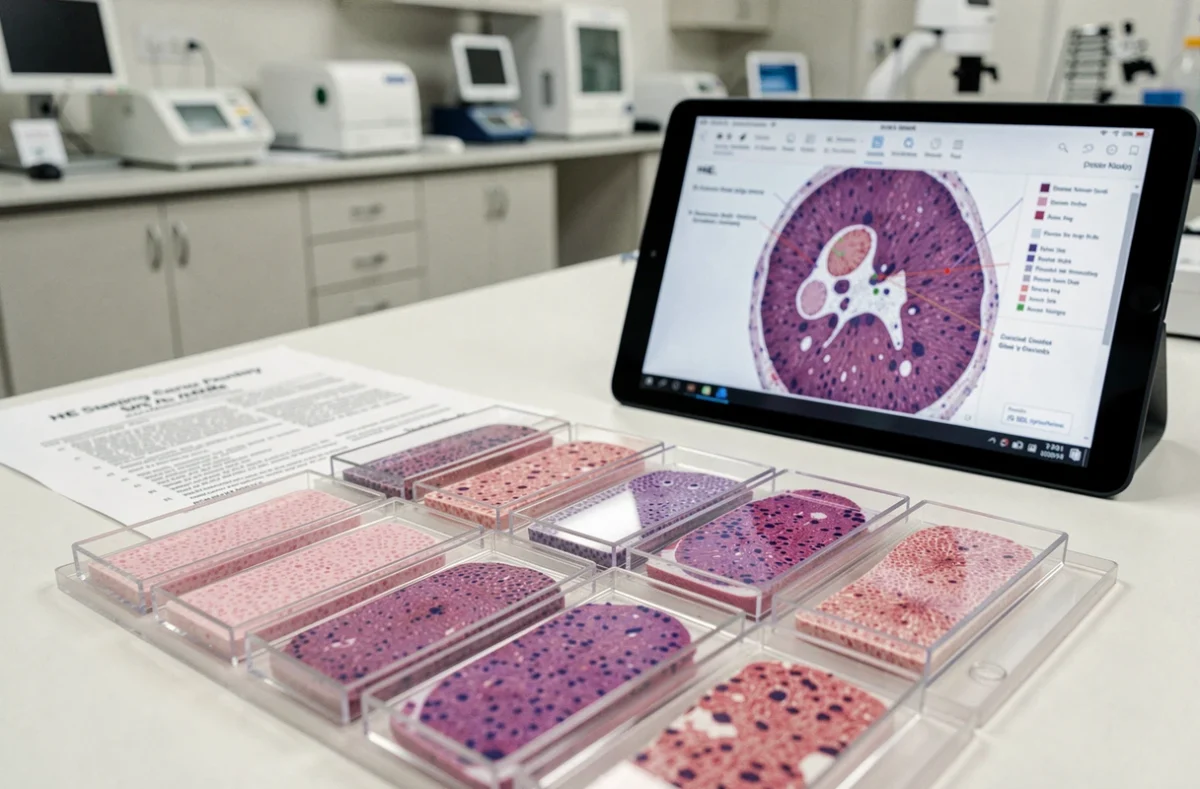 Lames histologiques colorées HE disposées sur un plan de travail de laboratoire d'anatomopathologie avec protocole de coloration et tablette numérique affichant des coupes tissulaires annotées