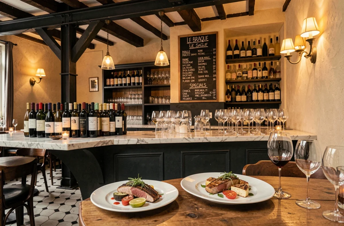 Intérieur du bistrot gastronomique Le Braque à Lille avec bar en marbre, vins naturels et ardoise du jour