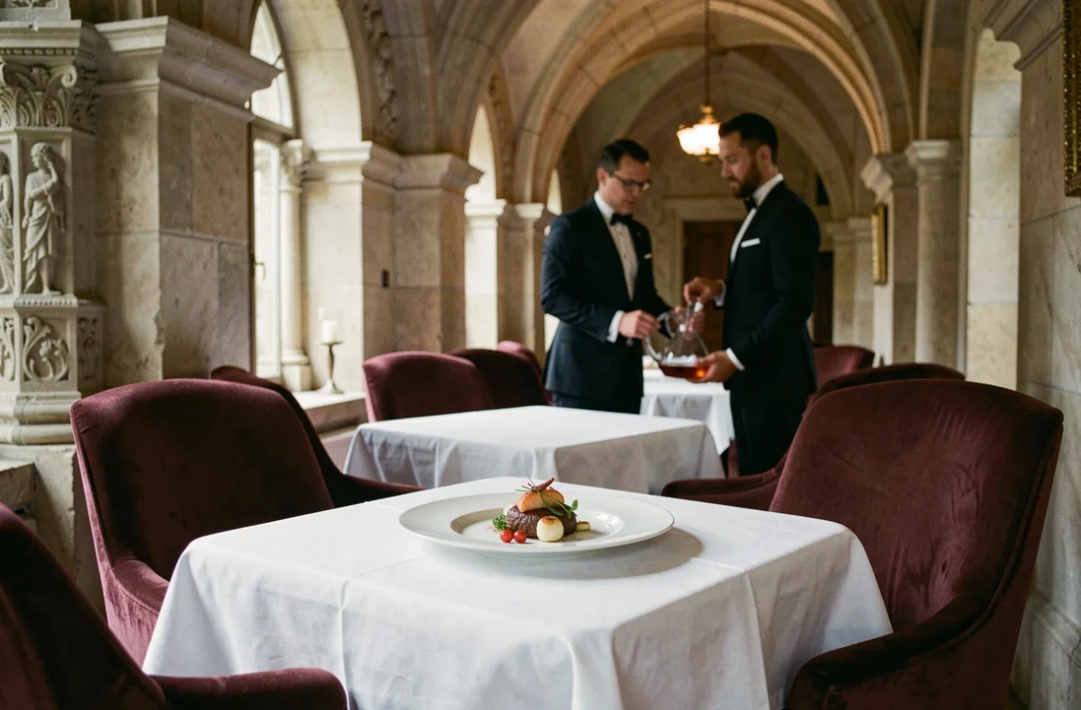 Salle élégante du restaurant gastronomique Le Clarance à Lille avec décor en pierre ancienne et assiette raffinée