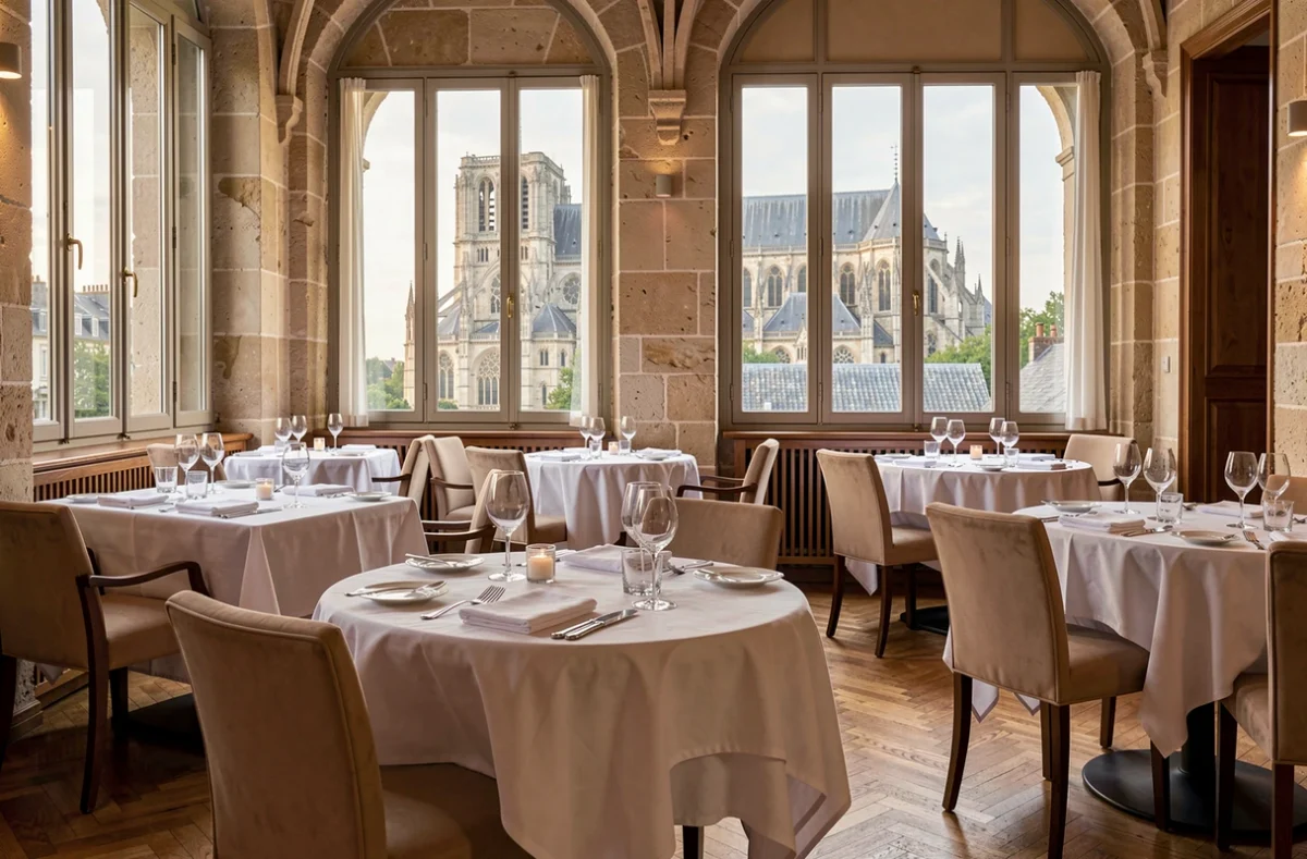 Salle du restaurant Le Georges à Chartres avec vue sur la cathédrale à travers de hautes fenêtres, tables dressées pour le service