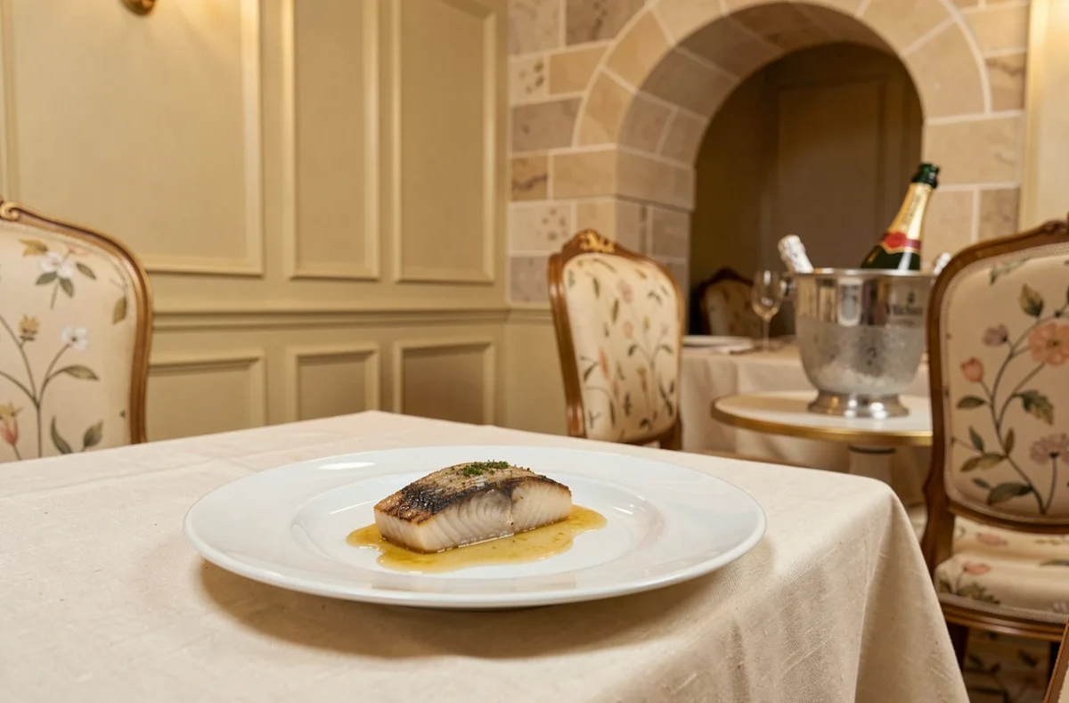 Dressage d'un plat de poisson gastronomique au restaurant Le Millénaire à Reims, décor élégant aux tonalités dorées et champagne