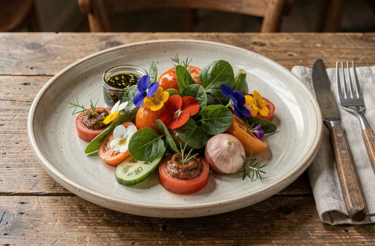 Assiette végétale colorée du restaurant Les Jardiniers à Ligré, légumes du jardin et fleurs comestibles sur céramique artisanale