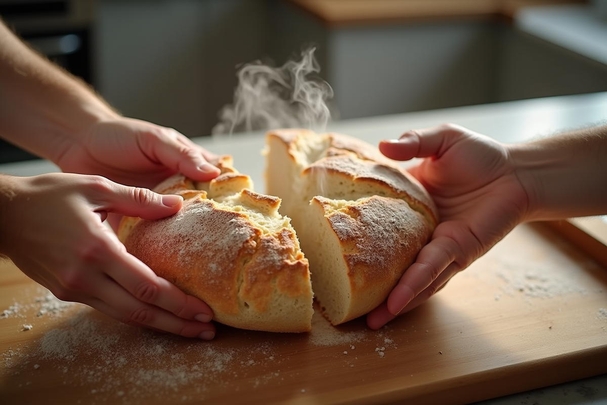 Mains déchirant un pain rustique dans la cuisine lumineuse