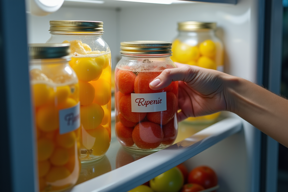 Mains disposant des fruits dans un réfrigérateur moderne