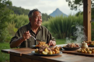 Homme maori dégustant un repas traditionnel Hangi en plein air