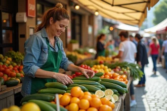 Étal de fruits et légumes en Z sur un marché urbain animé, tenu par une commerçante en tablier vert arrangeant des produits frais