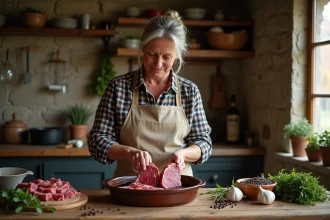 Femme marinant du chevreuil dans un plat en céramique avec du vin rouge, des herbes aromatiques et des épices dans une cuisine rustique en pierre