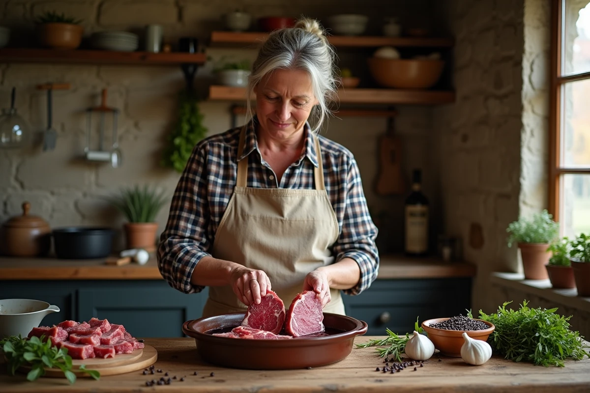 Femme marinant du chevreuil dans un plat en céramique avec du vin rouge, des herbes aromatiques et des épices dans une cuisine rustique en pierre
