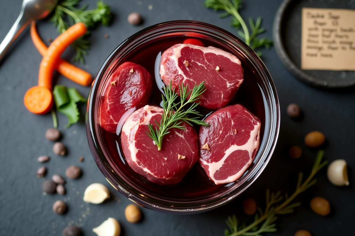 Vue aérienne d'une marinade de chevreuil au vin rouge avec herbes fraîches, carottes, genièvre et ail sur un plan de travail en ardoise