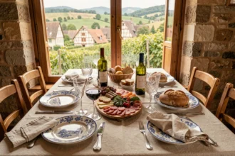 Vue d'ensemble d'une table gastronomique dressée avec des produits régionaux du Grand Est, vignobles alsaciens en arrière-plan