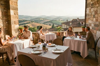Terrasse de restaurant en Provence avec vue panoramique sur les collines et les toits en tuiles, tables dressées et convives savourant du rosé