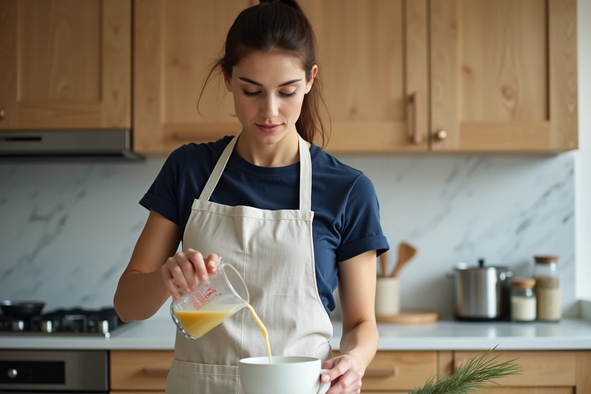 Femme versant 25 cl de liquide dans un bol en céramique avec un verre mesureur gradué dans une cuisine en bois clair