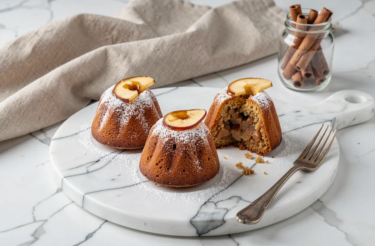 Trois mini-gâteaux bundt vegans à la compote de pomme disposés sur un plateau en marbre, saupoudrés de sucre glace et garnis de tranches de pomme caramélisée