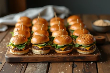 Plateau de mini hamburgers apéro alignés sur une planche en bois rustique, garnis de cheddar fondu et de cornichons, prêts à être servis
