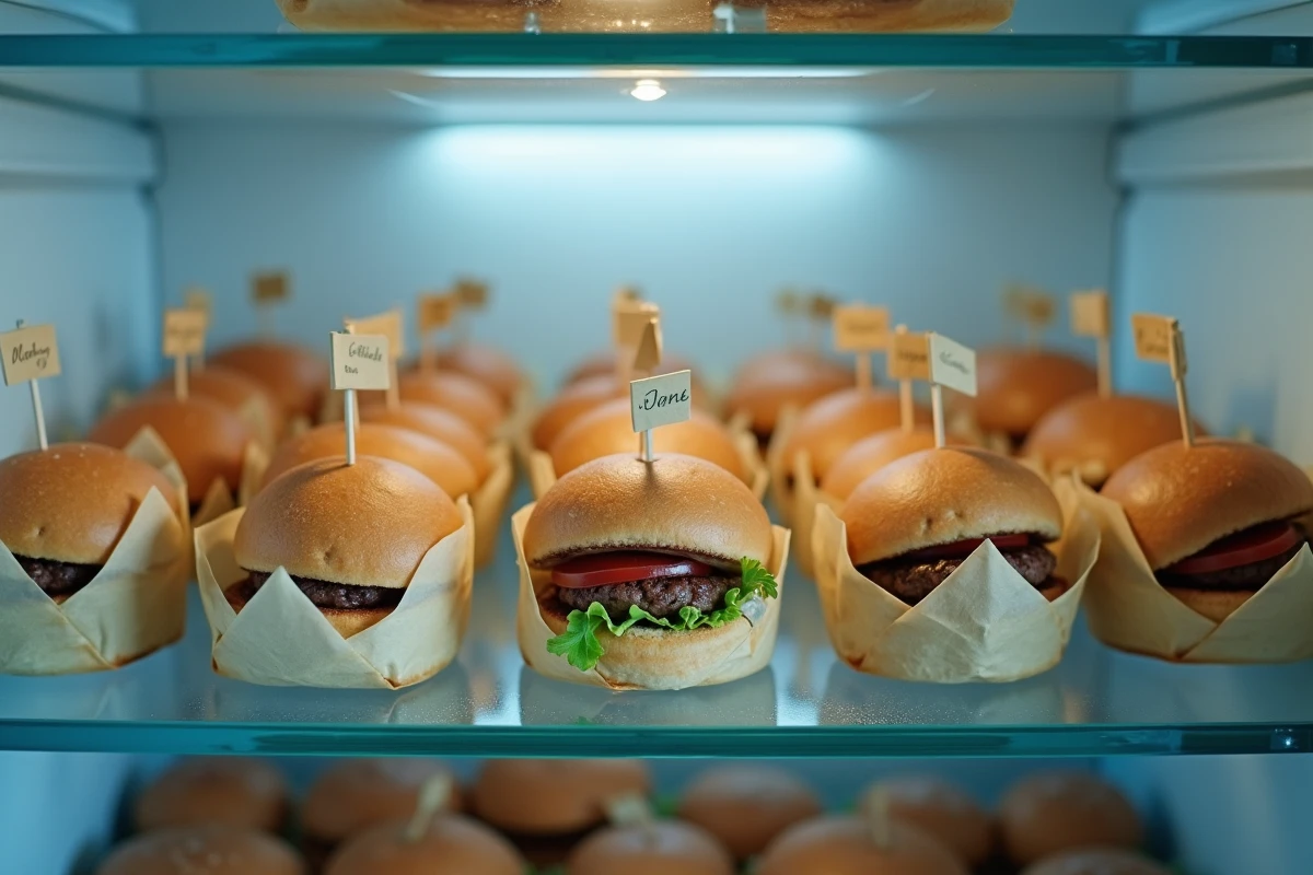 Mini hamburgers apéro emballés dans du papier sulfurisé et rangés dans le réfrigérateur pour être préparés la veille