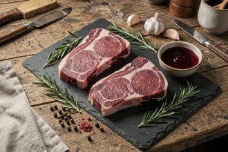 Morceaux de chevreuil crus disposés sur une ardoise avec herbes aromatiques et marinade au vin rouge pour illustrer les temps de marinade