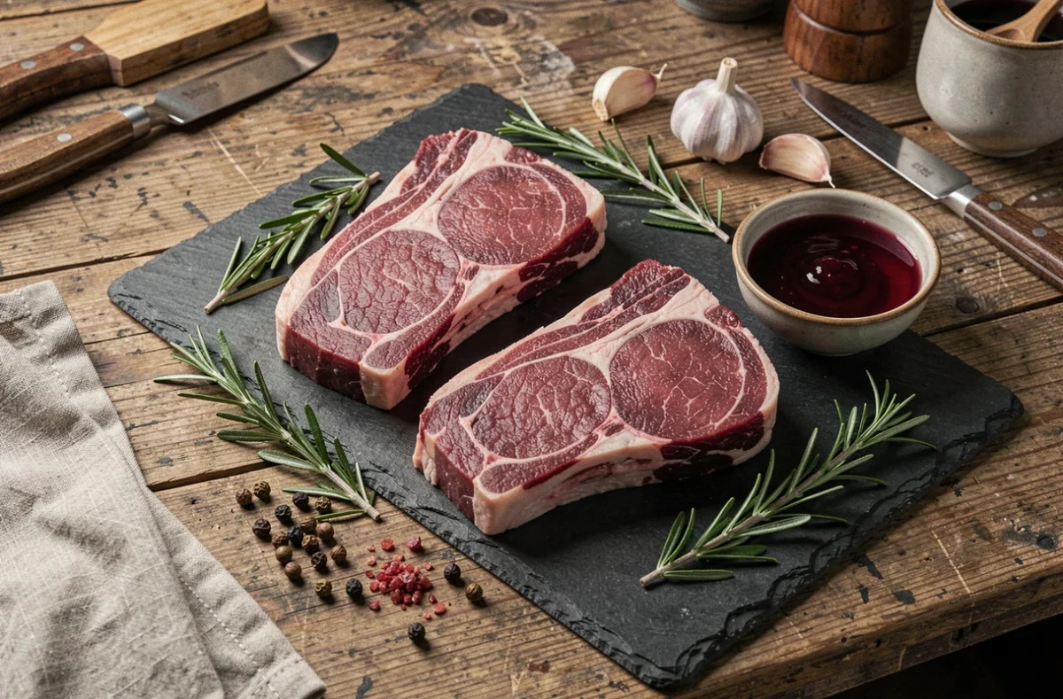 Morceaux de chevreuil crus disposés sur une ardoise avec herbes aromatiques et marinade au vin rouge pour illustrer les temps de marinade