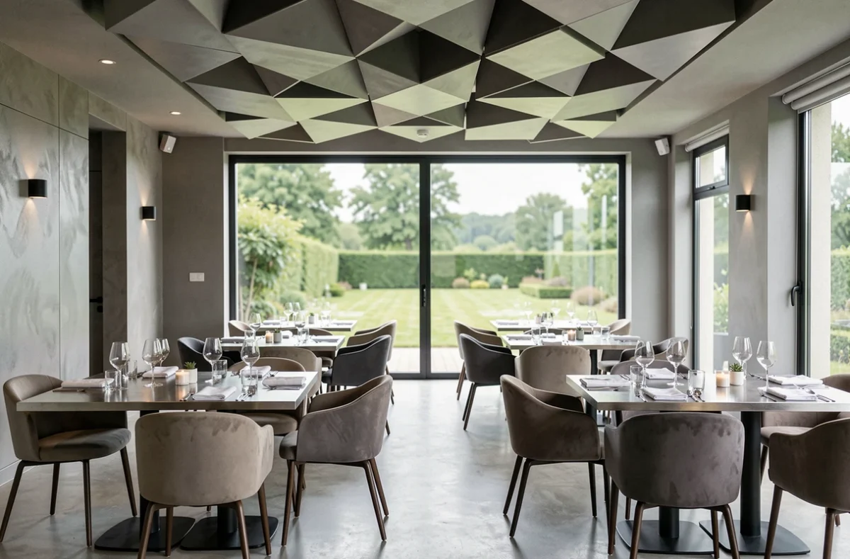 Salle contemporaine du restaurant L'Opidom à Fondettes avec mobilier design et vue sur jardin