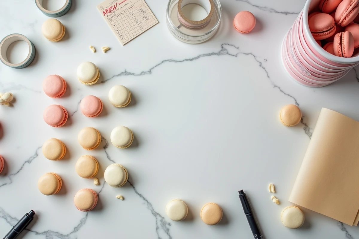 Vue à plat d'un plan de travail organisé pour le batch cooking de coques de macarons avec boîtes hermétiques et outils d'étiquetage