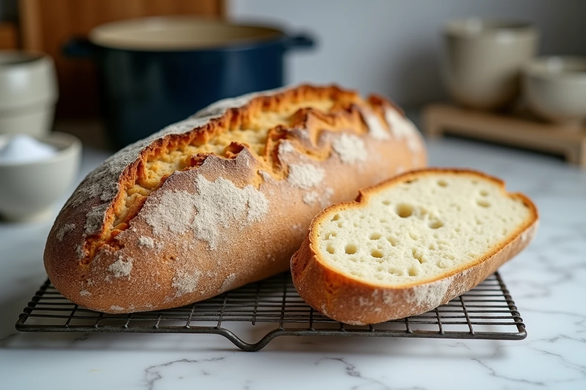 Pain de campagne maison fraîchement sorti du four avec une mie alvéolée bien développée sur un plan de travail en marbre