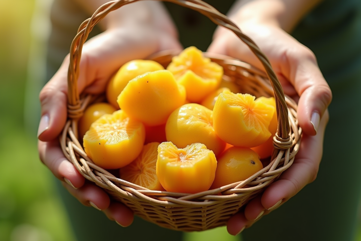 Mains tenant un panier de fruits frais avec jackfruit et jujubes en extérieur