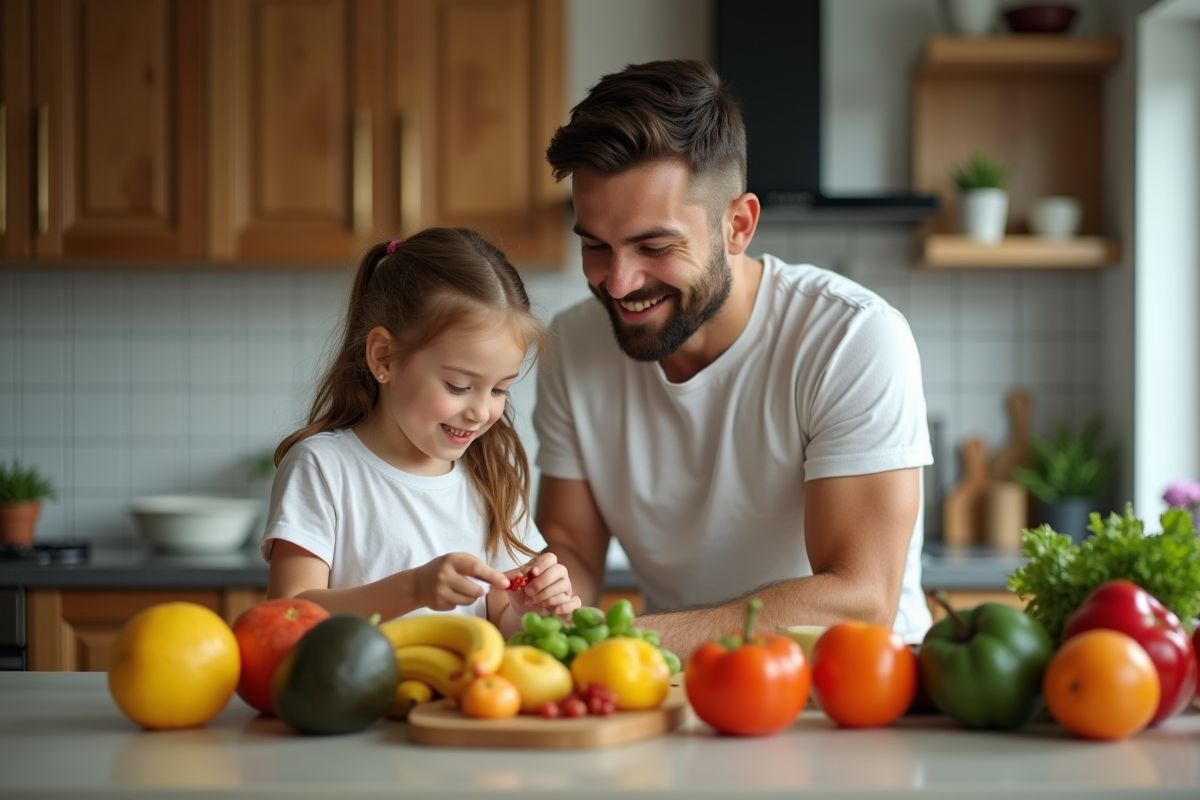 Père et fille arrangeant des fruits dans la cuisine