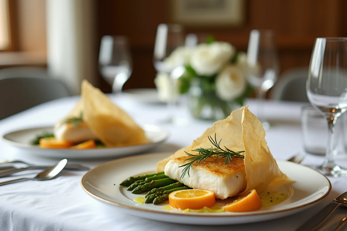 Deux assiettes élégantes de papillote de cabillaud au fenouil et aneth sur une table dressée avec nappe blanche et couverts argentés