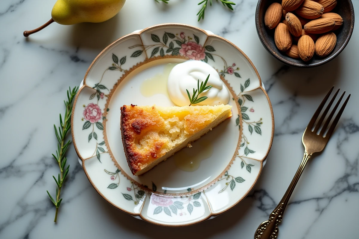 Vue de dessus d'une part de gâteau poire amande sur assiette céramique vintage avec crème fraîche, poire fraîche coupée et amandes sur surface en marbre ancien