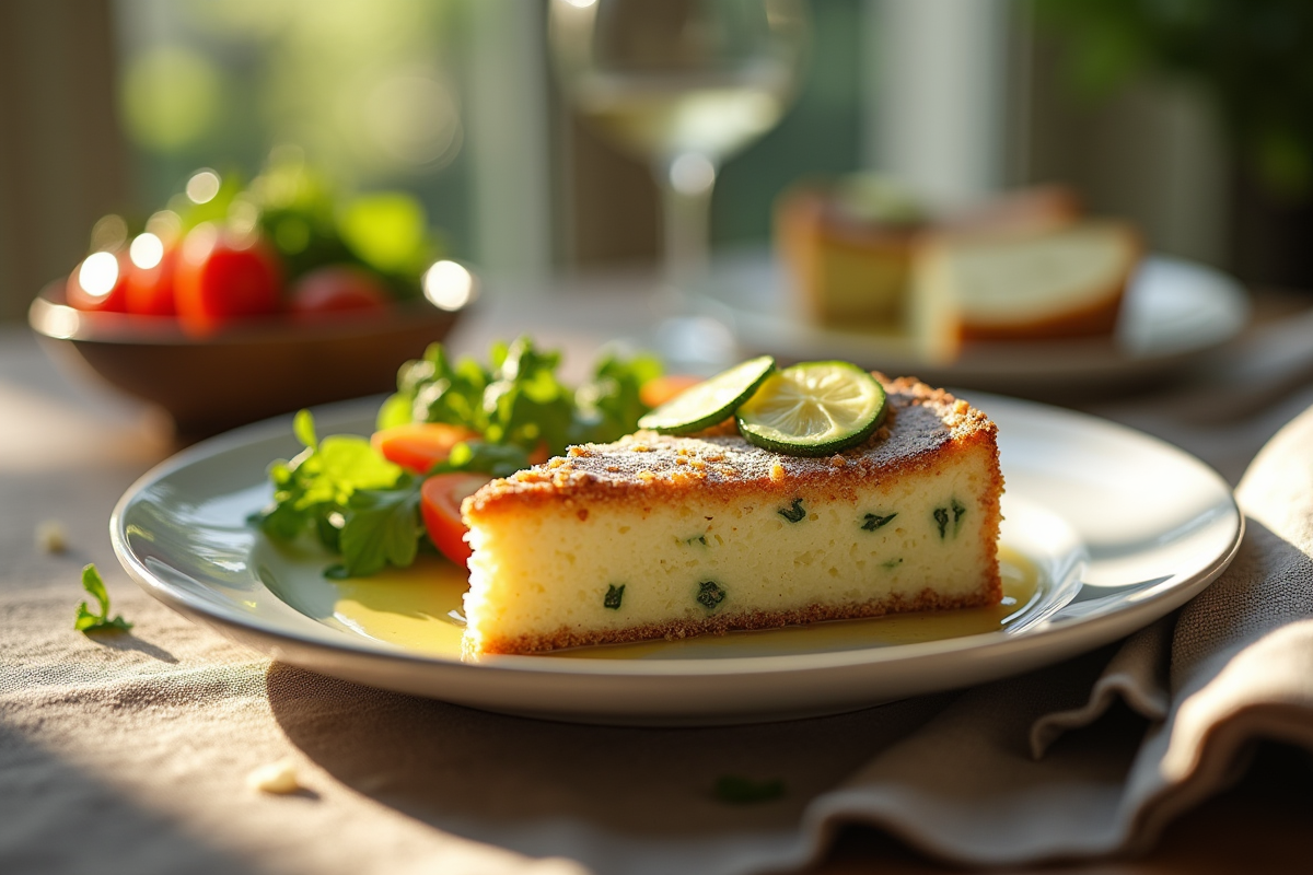 Partie de table avec une assiette de gâteau courgette chèvre