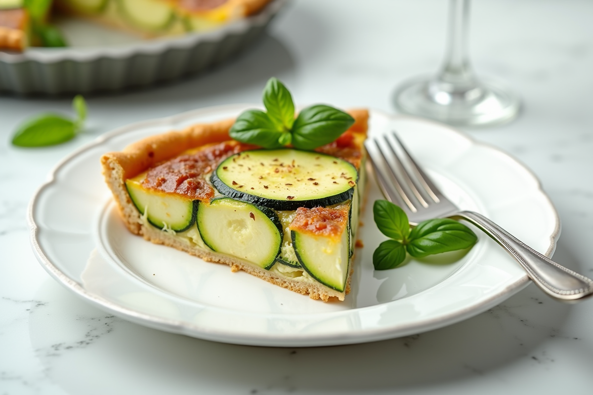Partie de tarte aux courgettes servie avec basilic frais
