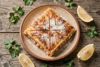 Pastilla aux fruits de mer marocaine dorée sur assiette céramique, saupoudrée de sucre glace et cannelle avec persil frais et citron