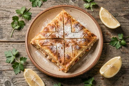 Pastilla aux fruits de mer marocaine dorée sur assiette céramique, saupoudrée de sucre glace et cannelle avec persil frais et citron