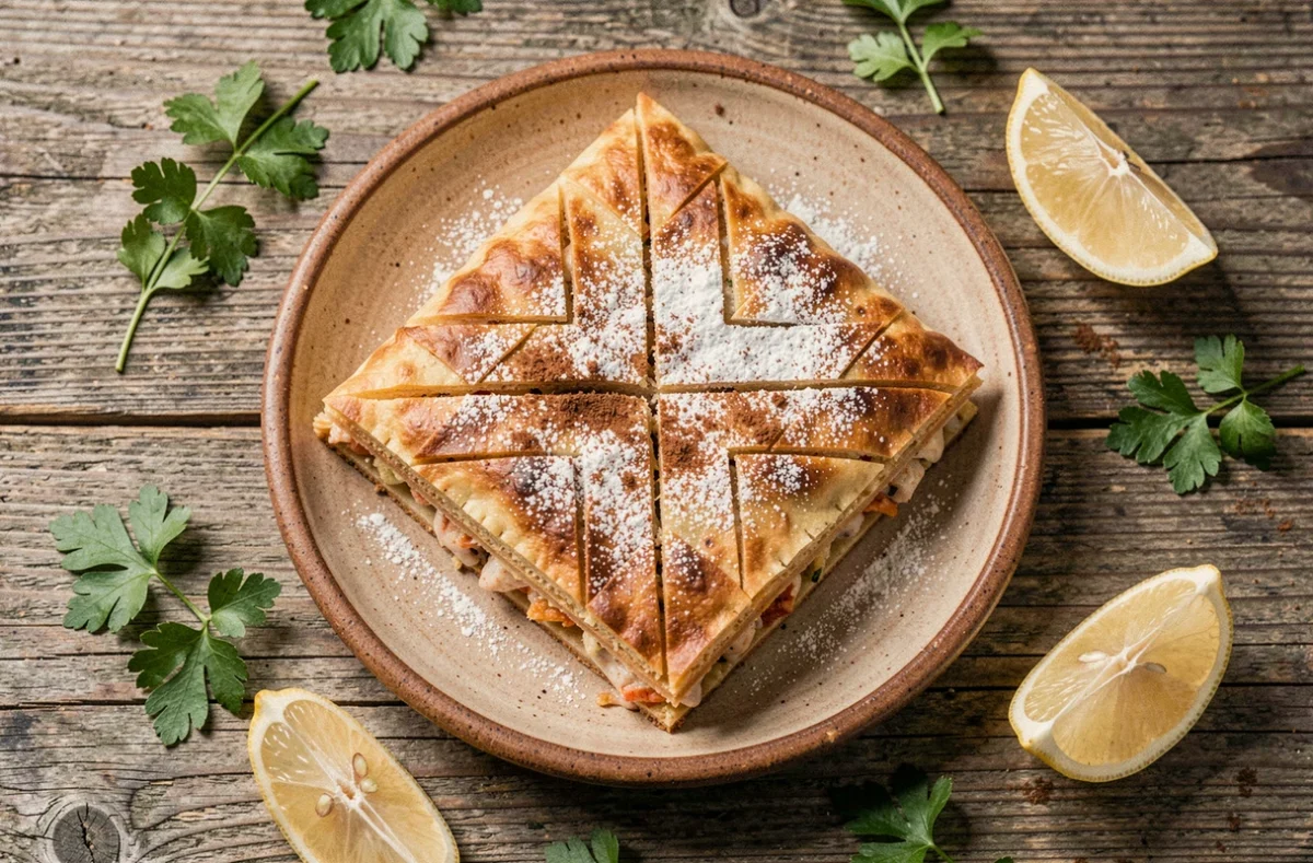Pastilla aux fruits de mer marocaine dorée sur assiette céramique, saupoudrée de sucre glace et cannelle avec persil frais et citron